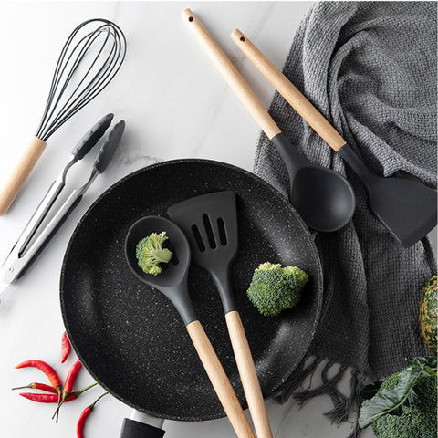 12 Pcs Bamboo Wooden Handles Silicone Kitchen Utensils-Black - ecomstock