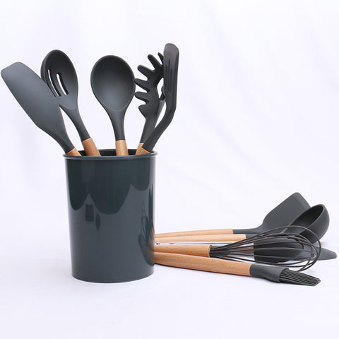 12 Pcs Bamboo Wooden Handles Silicone Kitchen Utensils-Black - ecomstock