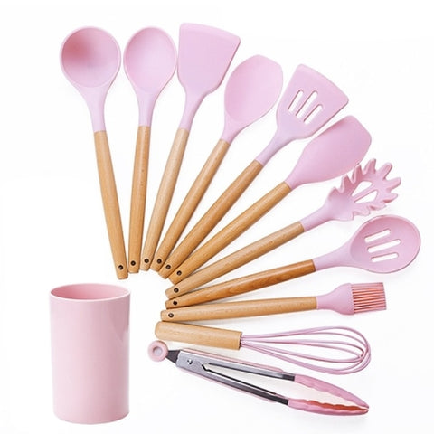 12 Pcs Bamboo Wooden Handles Silicone Kitchen Utensils-Pink - ecomstock