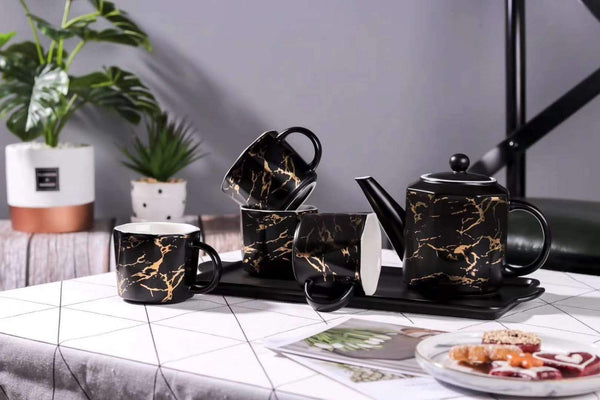 Luxury Ceramic Marble Print Porcelain Tea Set with Serving Tray - ecomstock